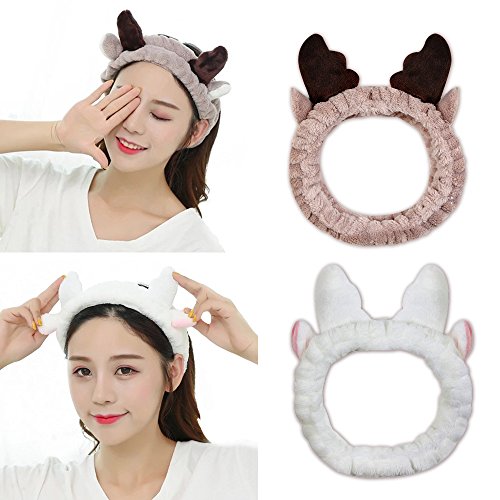 KOOBA 2 Pack Cat Deer Cute Ears Headband, Soft Elastic Hair Band, Washable Facial Band Makeup Wrap for Women Shower SPA Mask, Fits All Head Sizes (Brown & White)