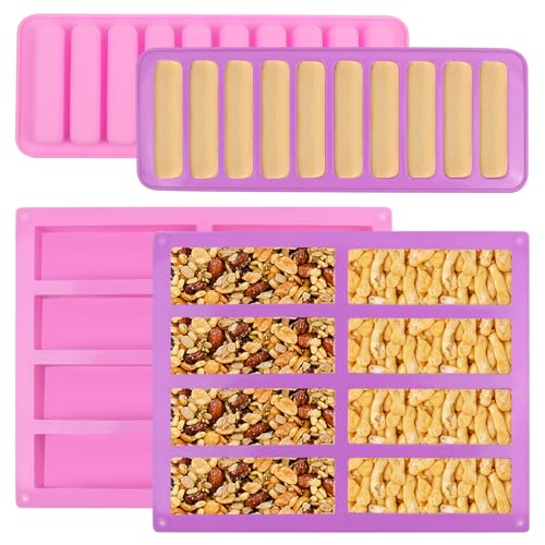 4 Pezzi Silicone per Stampi, Stampo per Barrette di Cereali con 8 10 Cavità, Stampi per Biscotti Rettangolare in Silicone per Cioccolatini Budino Burro Brownie Torte Ghiaccio