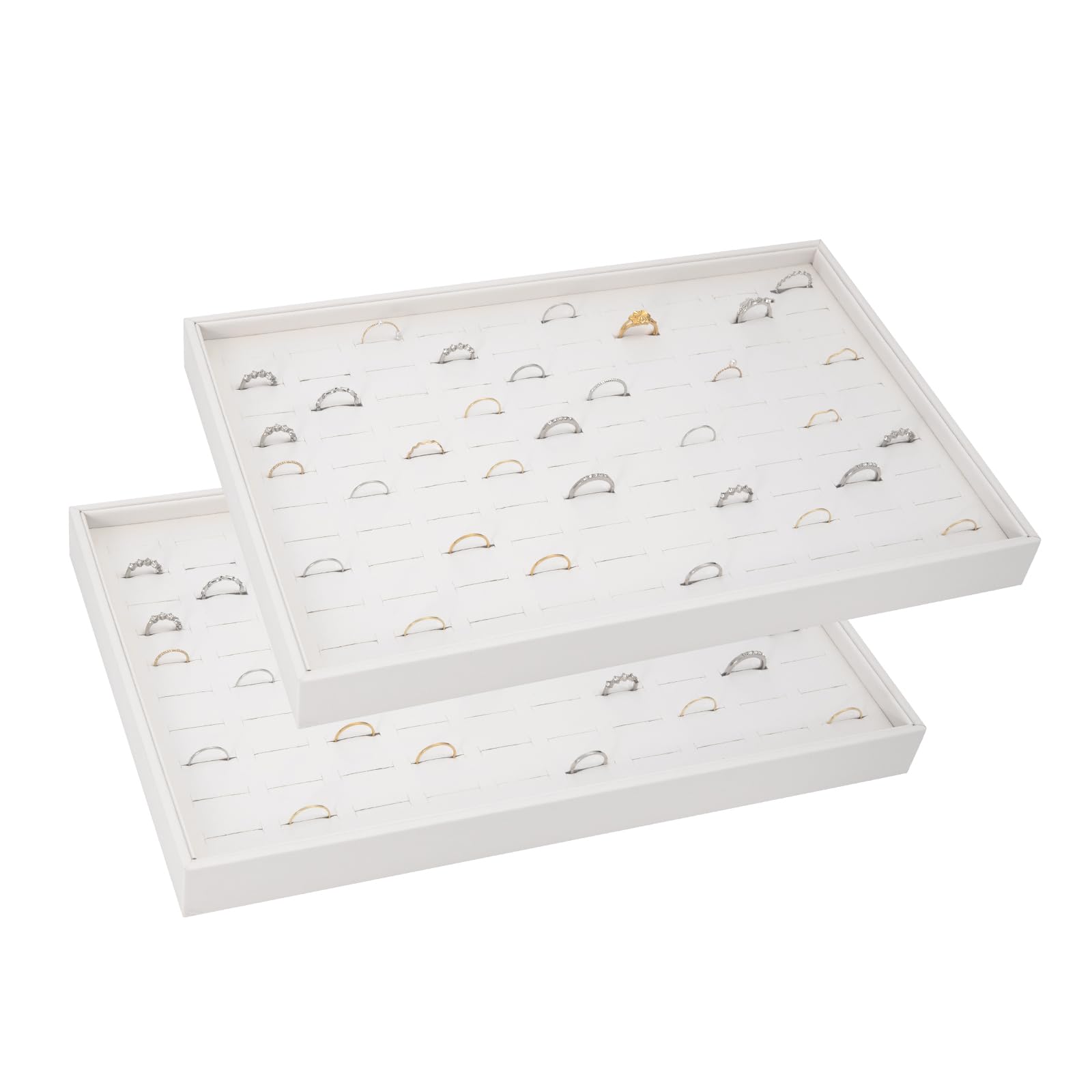 Polmart Stackable 100-Slot Rings & Earrings Organizer/Storage/Display Trays, White Leatherette (2-Pack)