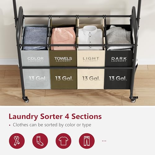 Tajsoon LCR74B Laundry Sorter Cart With Hanging Clothes Rack thumb #3