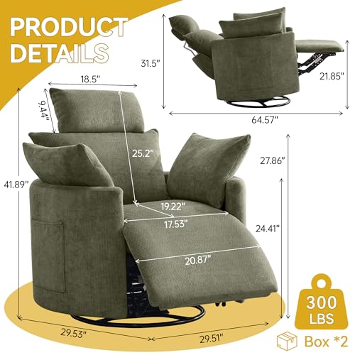 Image of Manual Recliner Chair, 360 Swivel Rocking Chair Nursery with Side Pocket, Glider Reclining Chair for Adults Small Space, Barrel Recliners with 2 Pillows for Living Room, Chenille Navy Green