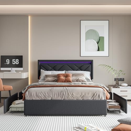 Lit Double 160x200 avec Sommier et LED, Cadre de Lit Rembourré avec 4 Tiroirs de Rangement, Tête de Lit Réglable au Design Ergonomique en Lin, Structure...