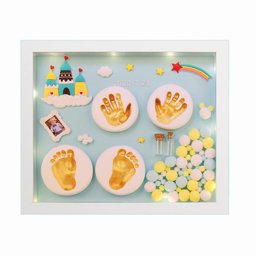 Baby Handprint Footprint Keepsake Hand and Foot Print Mud Photo Frame,Child Full Moon Hundred Days Gift,Birthday Gift Box and Souvenir Ornament Kit For Newlife Baby-Sky City-blue||Wood