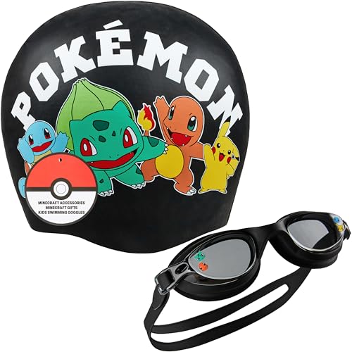 Get Trend Pokemon Swimming Goggles Swimming Cap for Kids Anti Fog UV Protection Adjustable Strap Anime Swim Accessories Set for Pool Beach Holiday (Black Pokemon 4-12 Years)
