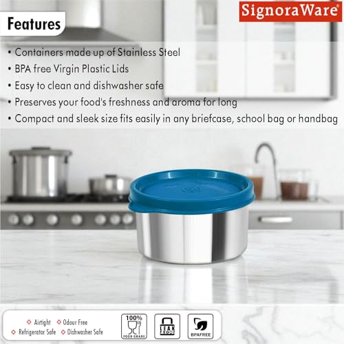 Image of SignoraWare Ample Stainless Steel Container | Airtight & Leakproof | Dishwasher Safe | Durable Storage Solution | Ideal for Kids, Office, School, Picnic & Outdoor Use (225ml | TBlue)