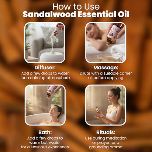 Image of Romyco Sandalwood Essential Oil 30ml (Chandan Oil) for Puja Meditation Relaxation | Skin Care & Massage | Use in Diffuser Aromatherapy | Pure Premium Natural Undiluted