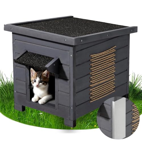 ESLOHNT Katzenhaus aus Holz mit Isolierschicht Katzenhütte mit Asphaltdach Wetterfestes Winterfester Katzenschutz mit Schaumstoff-Dämmung für alle Jahreszeiten für drinnen & draußen