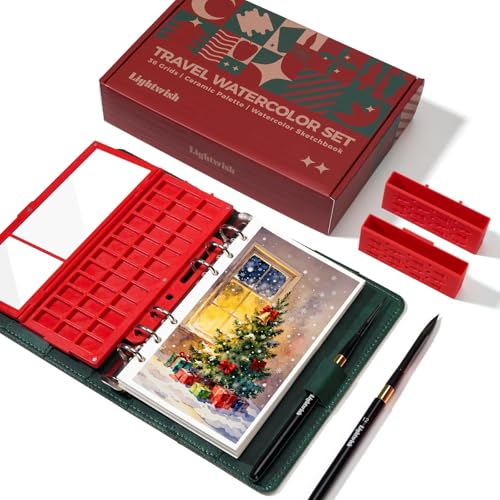 ポータブル水彩スケッチブックセット - コットン100%ホットプレス 6.7x3.9インチ バインダーアートジャーナル 36ウェルセラミックペイントパレット&トラベルウォーターブラシ2本付き アーティスト屋外ペインティング