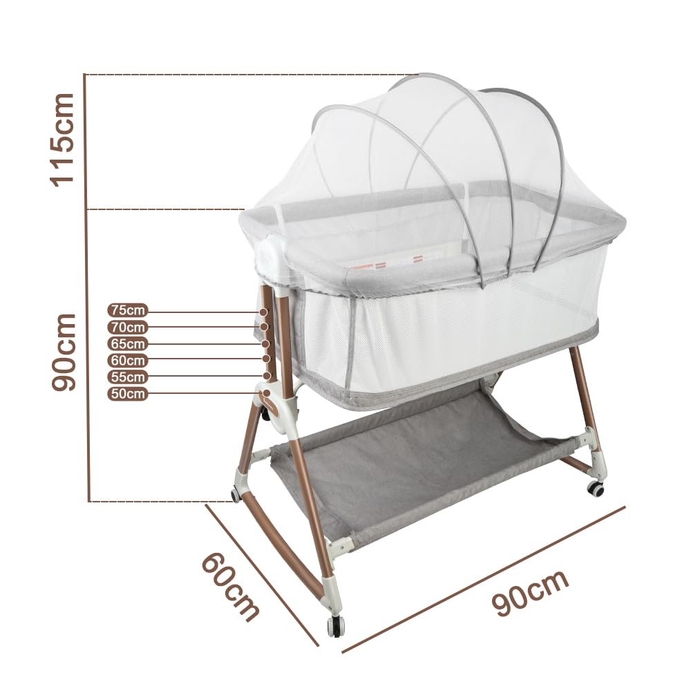 homewell 3 in 1 Babybett, Beistellbett Baby & Stubenwagen, Verstellbarer Co-Sleeper, Höhenverstellung und Einstellung der Neigung der Matratze, 4 Räder mit Bremse