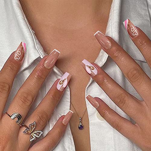 Qingge Pink Press On Nails Medium Glossy French Tip Heart Fake Nails False Nails With Glue On Nails Stiletto Stick On Nails Acrylic Nails For Women Valentine's Day #TOP3