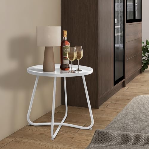 Jerry & Maggie 18-Inch Metal Patio Table - Indoor/Outdoor Round Side Table with Adjustable Feet for Living Room, Bedroom, Garden, Balcony, Porch, Yard (White)