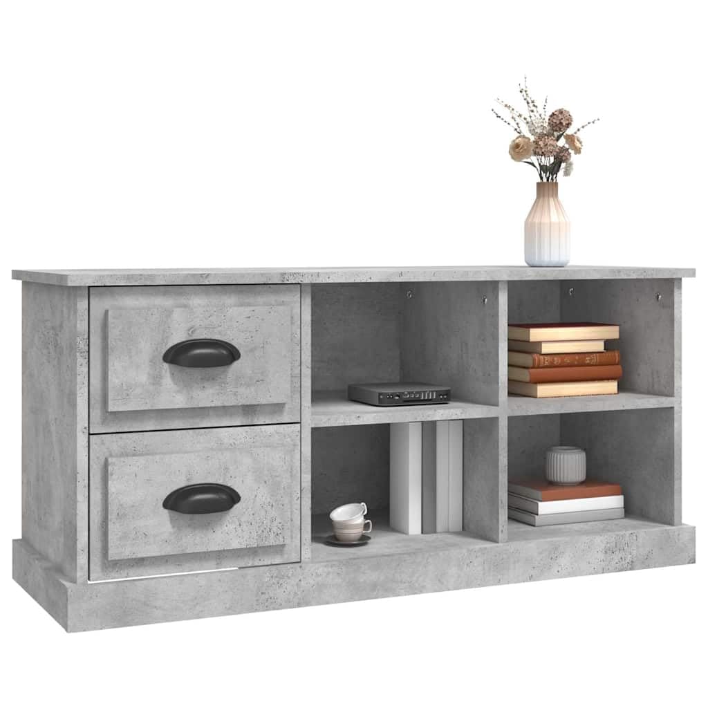 Générique Szafka pod telewizor szary beton 102x35,5x47,5 cm drewno inżynieryjne | 2 szuflady, 4 otwarte przegródki, schludny design, szuflady do montażu po lewej lub prawej stronie