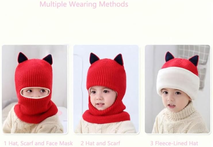 Toddler Winter Knitted Hat Boys Girls Fleece Lined Beanie Hat Face Mask Ear Flaps with Fox Ears for Toddler 1-8 Years