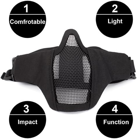 GES Foldable Tactical Half Face Mask Outdoor Mask Protective Mesh Riding Breathable Mask for Airsoft Paintball CS with Adjustable Belt Strap (Black)
