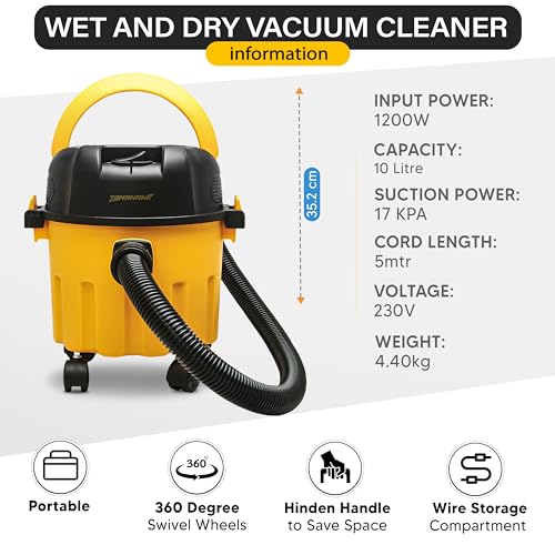 Image of Tomahawk T4446 Wet and Dry Vacuum Cleaner with Blower - 1200W, 10L Capacity, 17 Kpa Suction, 5Mtr Cord Length Portable for Cleaning, Workshop Reusable, Portable, 10 Liter, Foam, Yellow, 1 Count