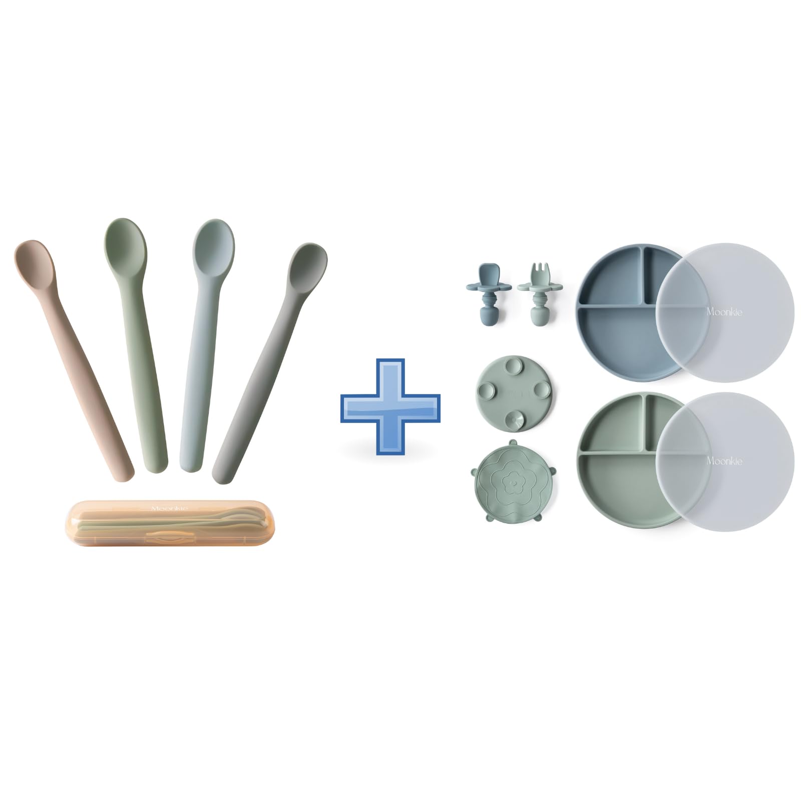 Moonkie Set Repas Bébé, 4 Cuillères Souples & 2 Assiettes À Ventouse Avec Fourchette, Cuillère Et Couvercle