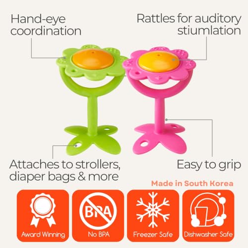 Image of Innobaby Original Teethin' Smart EZ Grip Flower Teether Rattle and Sensory Toy for Babies and Toddlers (2 Pack Green /Pink). BPA Free Teether