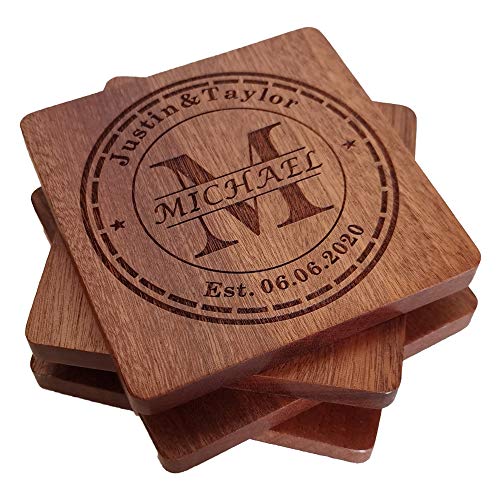 Personalized Monogram Coasters with Holder - Custom Engraved Wood Coasters for Drinks, Wedding & Parent Gifts (Set of 4)