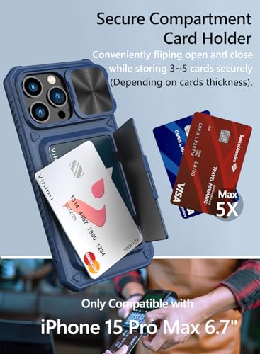 Image of Vihibii Polycarbonate For iPhone 15 Pro Max Wallet Case With Slide Camera Cover & Card Holder (4 Cards) & Kickstand, Hard Case For iPhone 15 Pro Max 6.7 inch, Blue