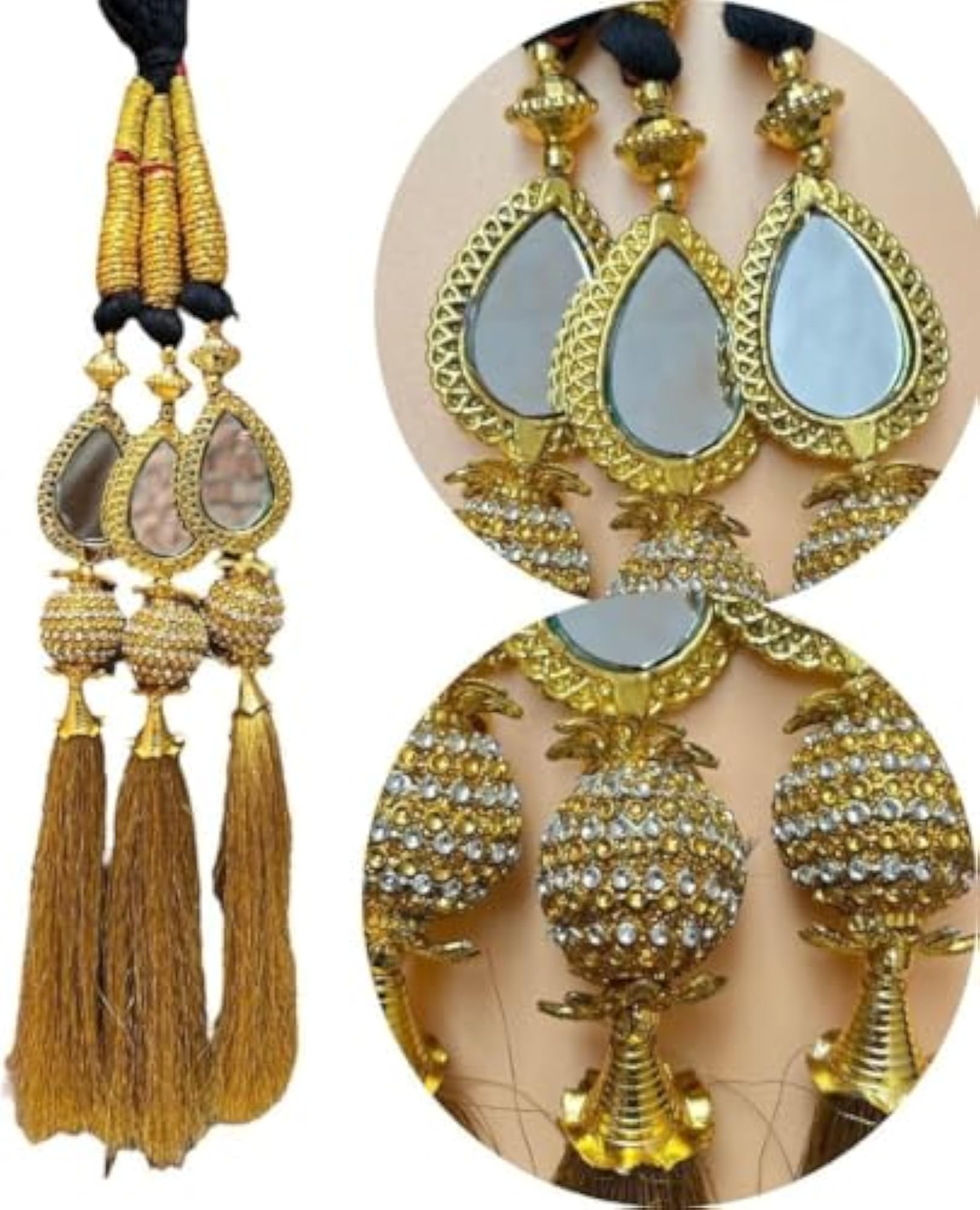 Women Punjabi Parandi Hair Accessory with Golden Braid Tassels