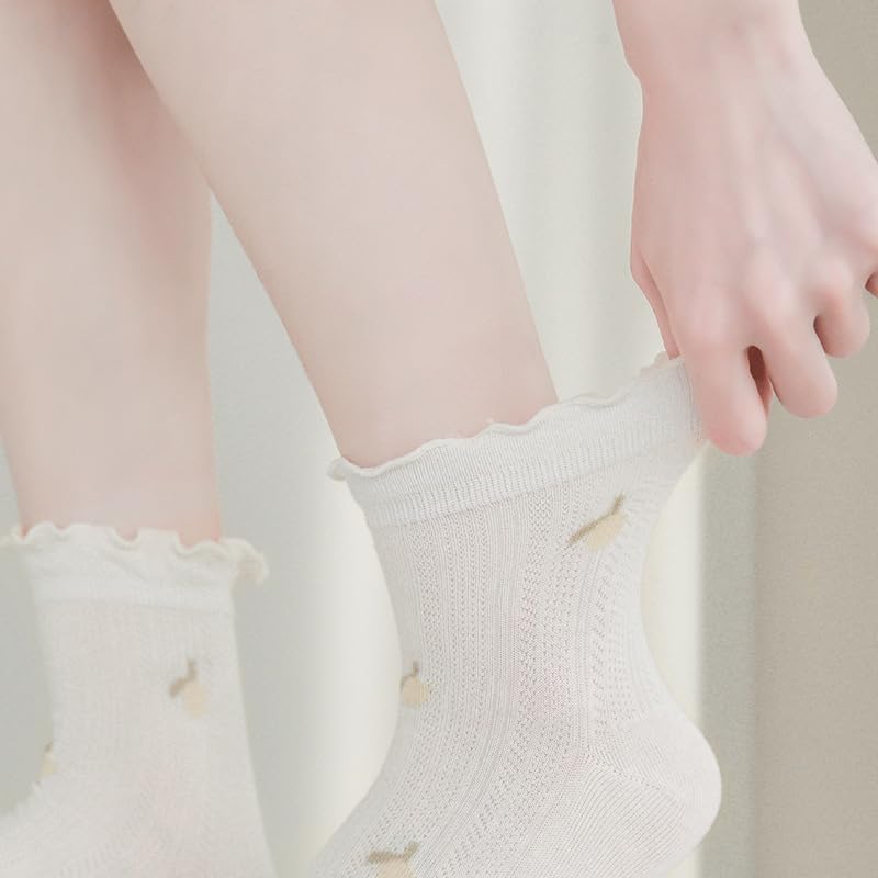 Image of 5 Pair Cute Ankle Socks for Women Coquette Bow Print Ruffle Frilly Cotton Socks Lace Trim Breathable Summer Socks
