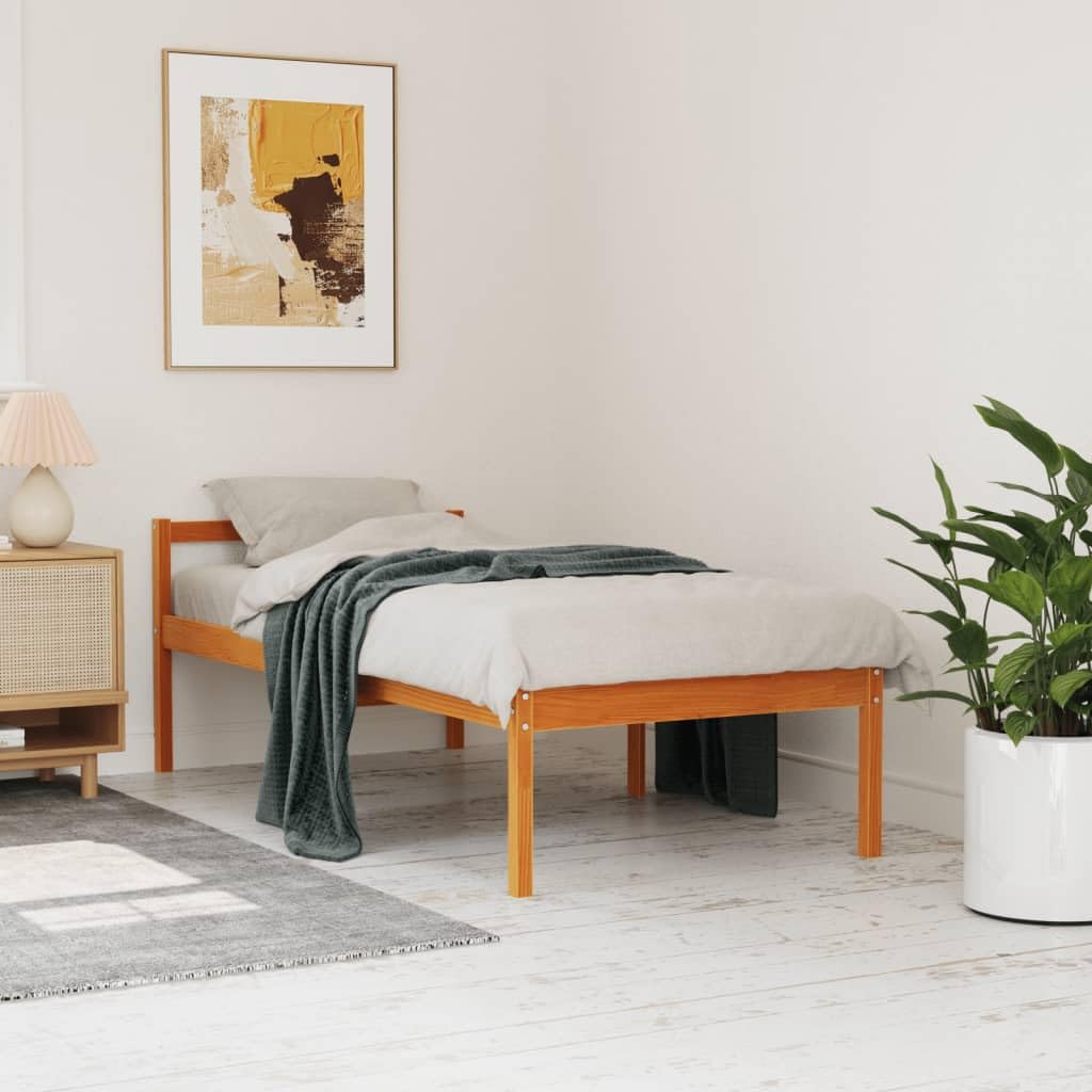 Massives Kiefernholz Seniorengerecht 90x190 cm Braun | Seniorenbett Massivholz Kiefer Wachsbraun 90x190 cm Bettgestell mit Lattenrost Hohe Einstiegshöhe Stauraum