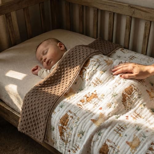 Image of GLLQUEN BABY Blankets for Boys Girls, Soft Muslin Cotton Front Dotted Fleece Backing, Nursery Minky Crib Blanket for Infant Toddler, 30 x 40 inches Throw Blanket, Cow Farm