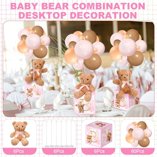Image of Lenwen 6 Sets Baby Letter Boxes Decorations Table Centerpieces for Baby Shower Gender Reveal,Bear Stuffed Animals Balloon with Stand Plush Toy Boxes for Birthday Party Wedding(Bear,Pink)