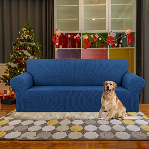 KEKUOU Stretch Sofa Cover Slipcover ,Couch Covers for 3 Cushion Couch Sofa pet Friendly (78"-94") Furniture Protector Sofa with Elastic Bottom for Kids,Dog, Jacquard Small Checked(Large,Classic Blue)