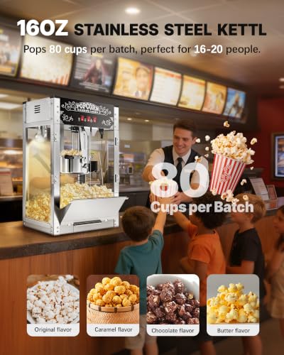 Image of 16 Oz Commercial Popcorn Machine, Movie Theater Popcorn Machine, Black Tabletop Pop Corn Machine with 3-Switch Control & Steel Frame Tempered Glass Doors
