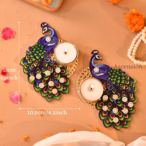 Image of Ascension Decorative Peacock Tealight Candle Holder Stand Set of 2 Mor Design Reusable Diya for Diwali Floor Rangoli Decorative Items for Gifting Indoor Outdoor Diwali Decoration Home & Office Decor