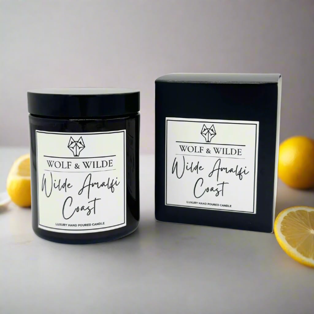 Amalfi Coast Luxury Aromatherapy Scented Candle in Amber Glass Jar 200g. Handmade in West Yorkshire UK by Wolf & Wilde
