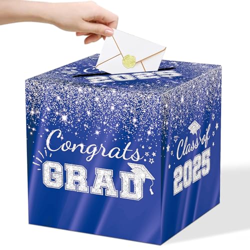 QISOLIY Blue Silver Graduation Card Box, 2025 Glitter Congrats Graduation Party Decorations 8.7 Inch Graduation Money Card Boxes Holder Graduation Gift Grad Parties