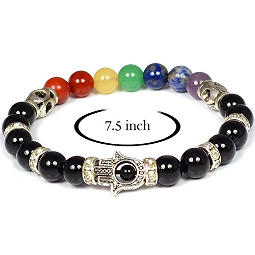 Image of Reiki Crystal Products Certified Natural Crystal Stone 7 Chakra with Hamsa 8 mm Round Beads Bracelet for Men & Women | Reiki Charged Gemstone Bracelet | Multiple Stone Variants Available