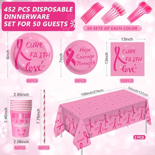 Image of Funnymoom 452 Pcs Breast Cancer Party Decorations Pink Ribbon Cure Faith Love Paper Plates Napkins Cups Tablecloth Cutlery Straws for Breast Cancer Awareness Month Women Charity Activities Supplies