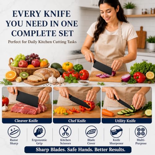 Image of SNMMIFER 5-Piece Kitchen Knife Set with Cleaver, Chef Knife, Utility Knife, Multipurpose Kitchen Scissors,Knife Cover & 3-Stage Knife Sharpener | Stainless Steel Cutting Combo Set (Black Combo)