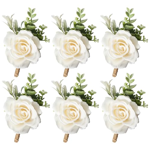 Ivory Rose Boutonniere for Men Wedding Set of 6 Groom Groomsmen Best Man Artificial Flowers Boutonniere for Wedding Ceremony Anniversary Prom Flowers Formal Dinner Party