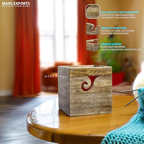 Image of Wooden Yarn Bowl, Square Shape Yarn Ball Holder, Craft Knitting Bowl, Yarn Bowl Holder for Crocheting and Knitting, , Yarn /Wool /String Storage Accessory (Single Ball Holder (6x6x6)