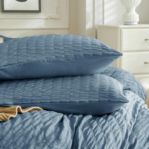 Image of JELLYMONI Sierra Blue Duvet Cover Full Size, 3pcs Washed Microfiber Bedding Set, Soft Breathable Seersucker Duvet Cover Set with Zipper Closure and Corner Ties for All Seasons