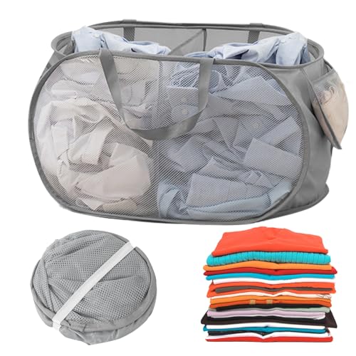 Femolity Folding Laundry Basket, 75L Large 2-Compartment Washing Basket With Strong Handles,Collapsible Cleaning Basket for Laundry, Bathroom, Kids Room, Dorm or Travel Grey