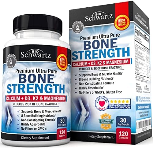 Bone Strength Supplement with Calcium + D3, K2 & Magnesium – Highly Absorbable Vitamin Blend for Bone & Muscle Support – Non-Constipating Formula – 8 Bone Building Nutrients – 120 Veggie Capsules