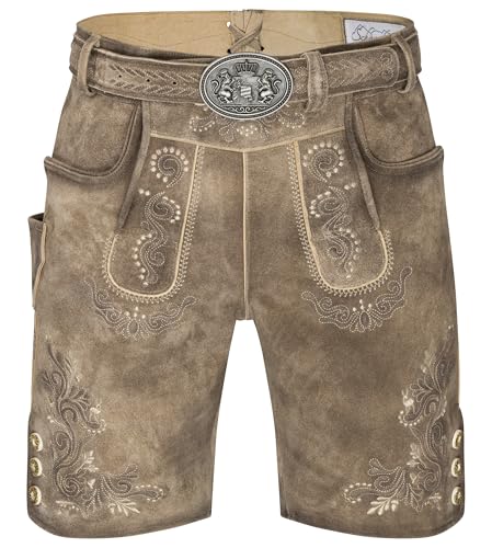 Schöneberger Trachten Couture Herren Lederhose kurz mit Trachtengürtel Hirsch Antik Trachtenhose für Oktoberfest aus Nubukleder Vintage braun Wiesnbock (52)