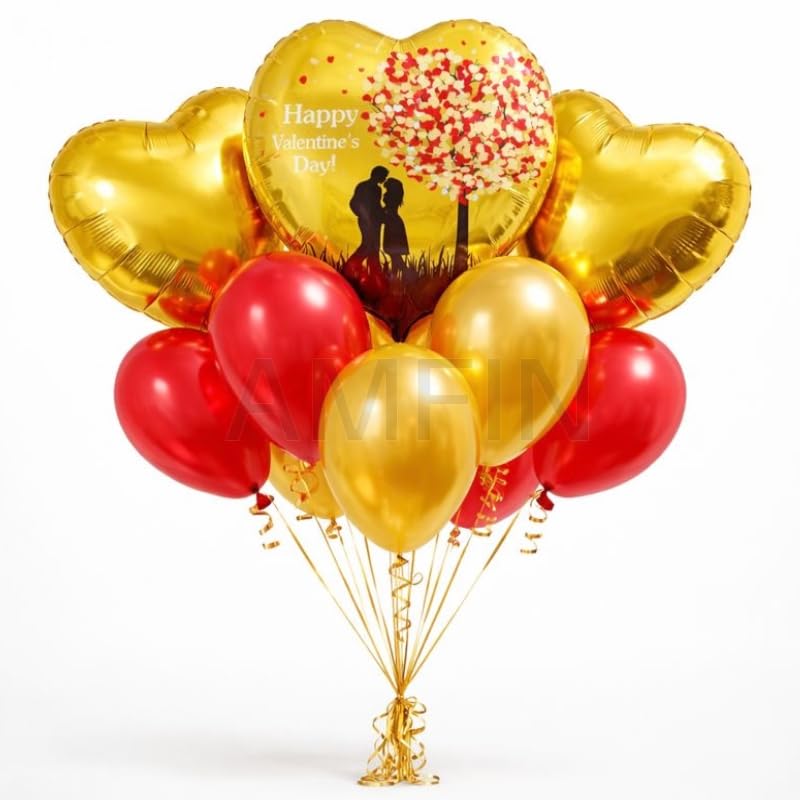 Image of AMFIN (Pack of 9) Happy Valentine's Day Balloon Decoration Set | Romantic Heart Foil Bouquet Metallic Helium Bunch Proposal Anniversary Celebration Party Decor - Red Black