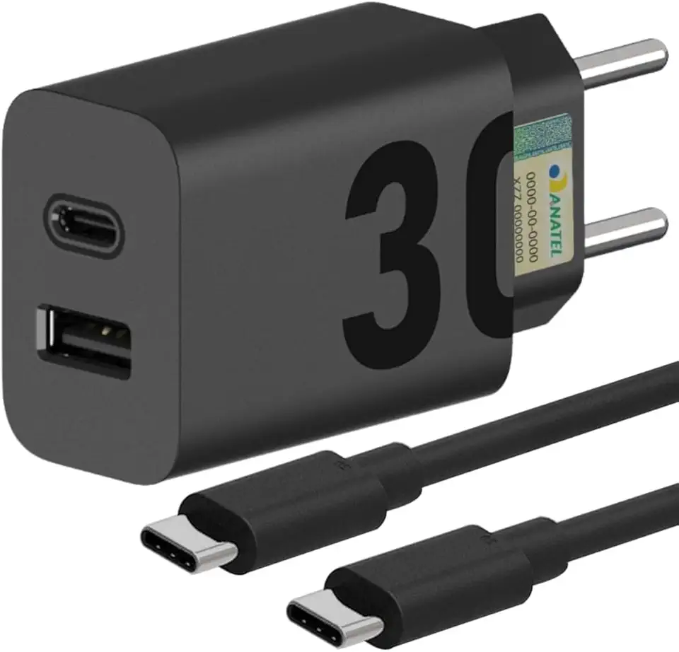 Carregador Super Turbo 30W Ultra Rápido Porta Dupla Tipo C e USB Com Carregamento Rápido + Cabo Tipo C Compatível Com Todos Os Dispositivos, Motorola, Samsung, IPhone 15/16, Xiaomi