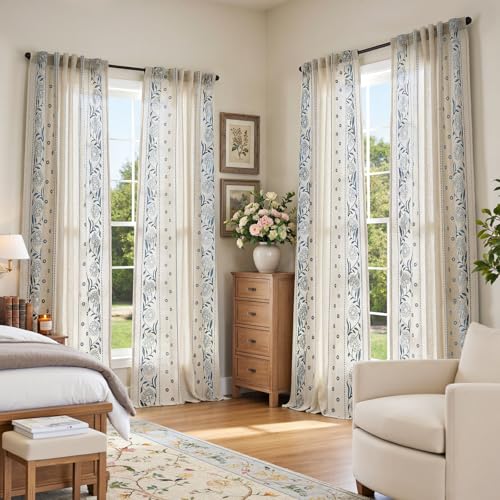 Image of jinchan Blue Floral Linen Curtains for Living Room 84 inch Back Tab 4 Panels