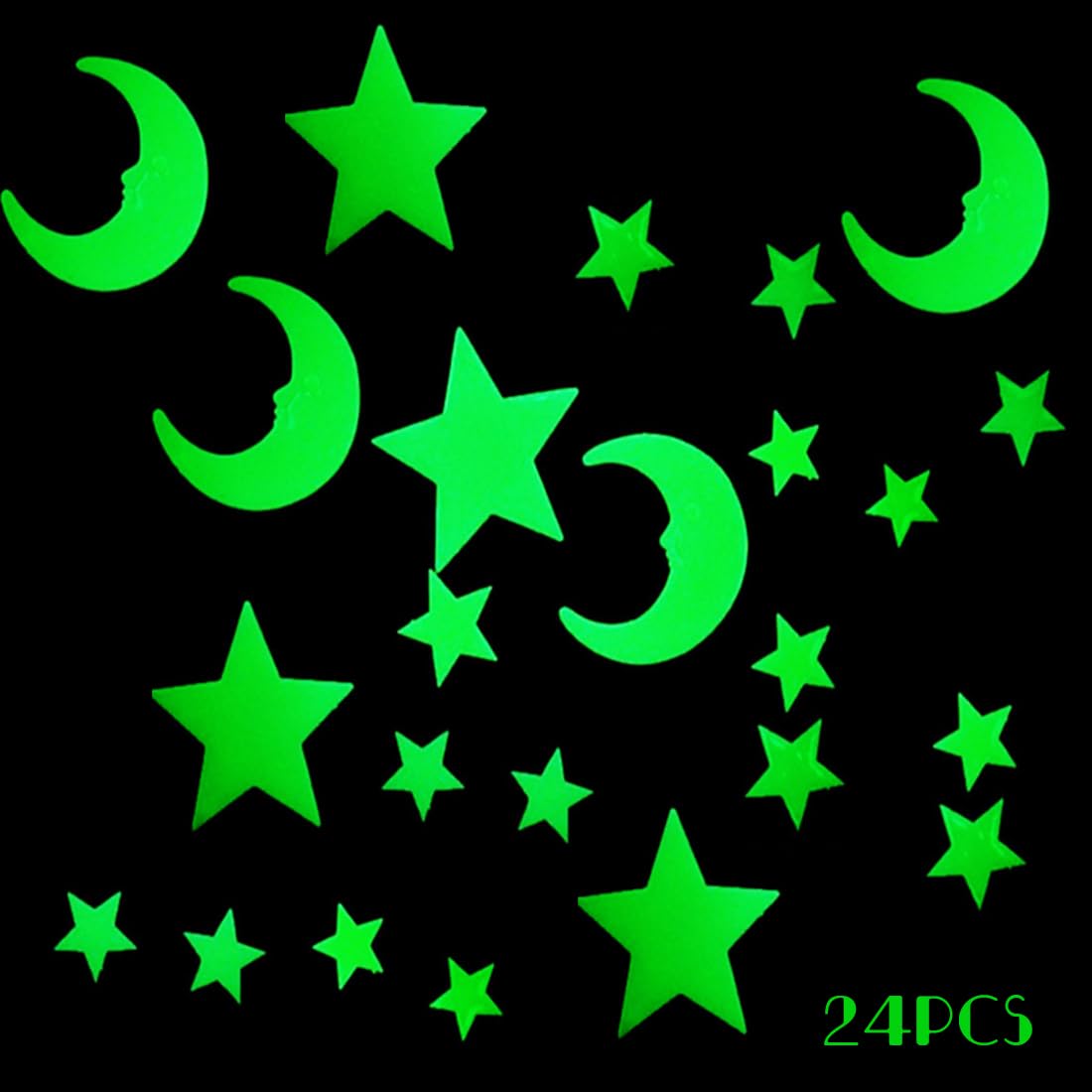 24 Piezas Pegatinas 3D de Luna y Estrellas que Brillan en la Oscuridad, Pegatinas Fluorescentes Luminosas, Pegatinas de Techo de Pared DIY para Decoración de Sala de Estar de Habitación de Niños