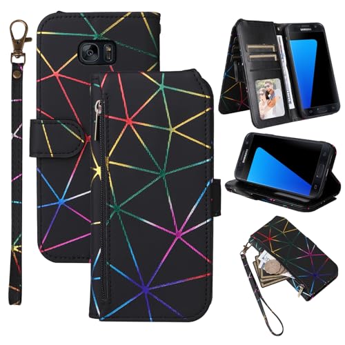 Furiet Compatible With Samsung Galaxy S7 Edge Wallet Case With Wrist Strap Lanyard Zipper Leather Flip Stand Card Holder Kickstand Cell Accessories Phone Cover For S7Edge S 7 Gs7 7S 7Edge Women Black cover