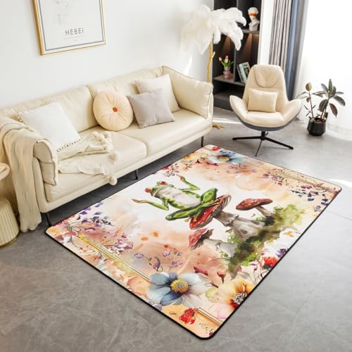 Homewish Green Frog Area Rug Red Mushroom Pond Animal Indoor