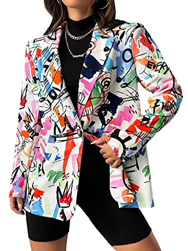 WDIRARA Women's Heart Graphic Print Button Front Long Sleeve Causal Work Blazer Jacket Multicolor Cartoon S