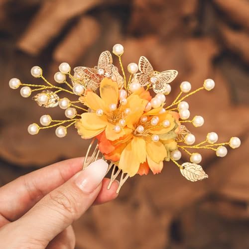 IYOU Braut Hochzeit Haarkamm Gold Gänseblümchen Blume Kopfschmuck Blatt Brautjungfer Gast Haarschmuck für Damen